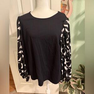 Nine West Black Top with Black & White Printed Long Sleeves